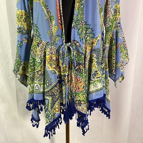 NWT Umgee Blue Multicolor Paisley Print Bell Sleeve Kimono Jacket - Picture 7 of 16